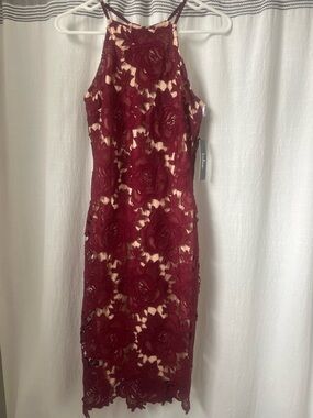 Lulu's Wine Burgundy Floral Lace Halter Midi Dress